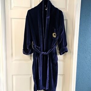 Vintage Lingerie Cacique Navy Robe W Belt. Gold Emblem. One Size 100% Cotton
